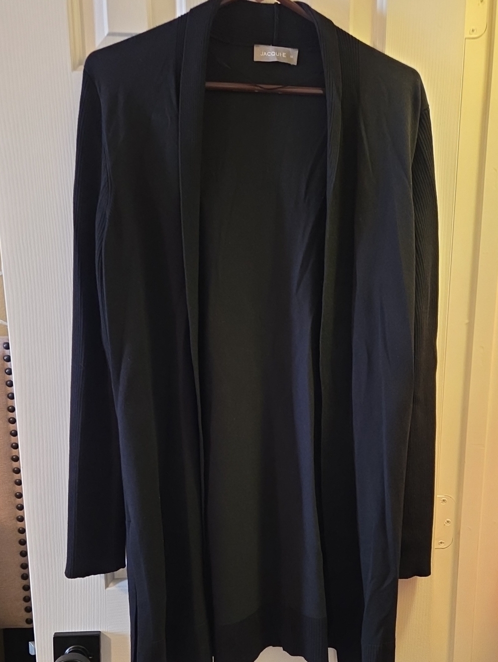 Jacqui E Black Open-Front Ribbed Collar Cardigan